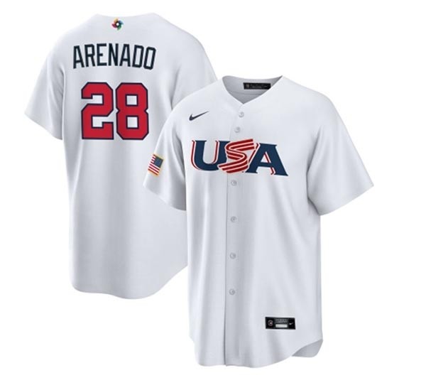 Men's USA Baseball #28 Nolan Arenado 2023 White World Baseball Classic Replica Stitched Jersey