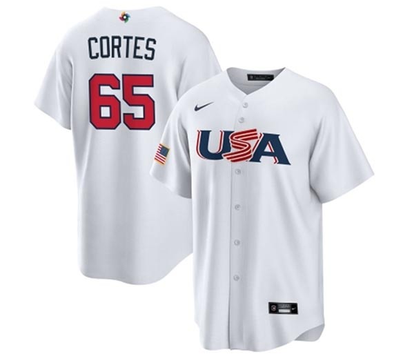 Men's USA Baseball #65 Nestor Cortes Jr. 2023 White World Baseball Classic Replica Stitched Jersey