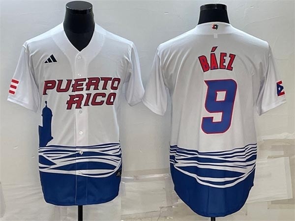 Men's Puerto Rico Baseball #9 Javier Baez 2023 White World Baseball Classic Replica Stitched Jersey