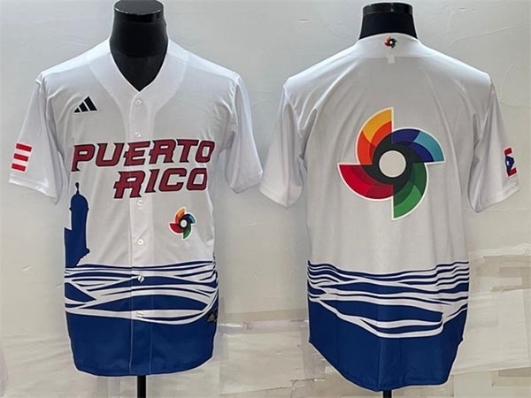 Men's Puerto Rico Baseball 2023 White World Baseball Big Logo Classic with front Logo Replica Stitched JerseyS