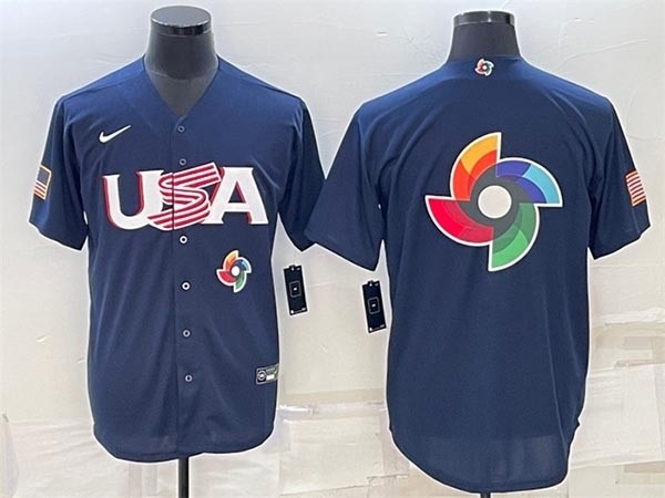 Men's USA Baseball 2023 Navy World Baseball Big Logo Classic with front Logo Replica Stitched Jersey