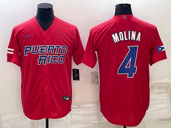 Men's Puerto Rico Baseball #4 Yadier Molina 2023 Red World Baseball Classic Replica Stitched Jersey