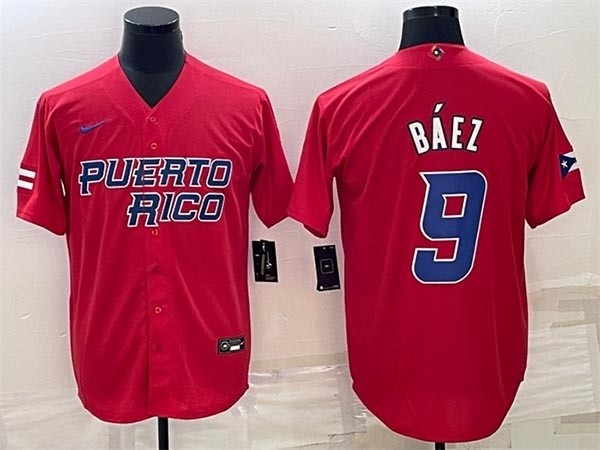 Men's Puerto Rico Baseball #9 Javier Baez 2023 Red World Baseball Classic Replica Stitched Jersey