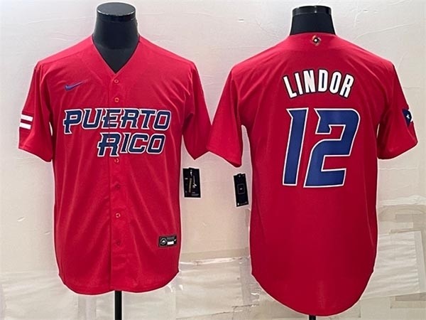 Men's Puerto Rico Baseball #12 Francisco Lindor 2023 Red World Baseball Classic Replica Stitched Jersey