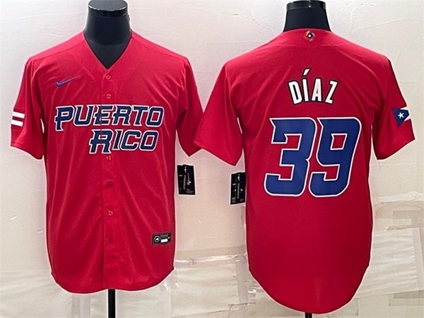 Men's Puerto Rico Baseball #39 Edwin Diaz 2023 Red World Baseball Classic Replica Stitched Jersey