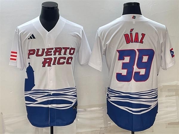 Men's Puerto Rico Baseball #39 Edwin Diaz 2023 White World Baseball Classic Replica Stitched Jersey