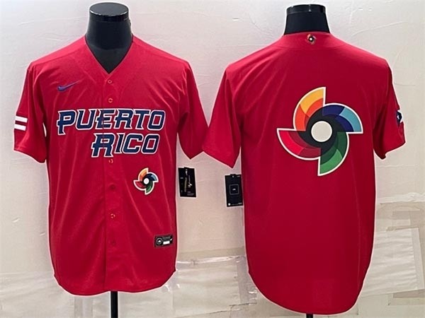 Men's Puerto Rico Baseball 2023 Red World Baseball Big Logo Classic With Front Logo Replica Stitched Jersey