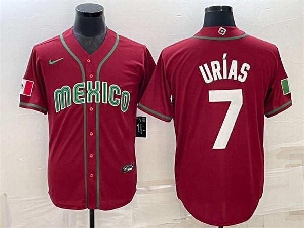 Men's Mexico Baseball #7 Julio Urias 2023 Red World Baseball Classic Replica Stitched Jersey