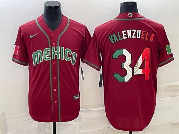 Men's Mexico Baseball #34 Fernando Valenzuela 2023 Red World Baseball Classic with Logo Stitched Jersey