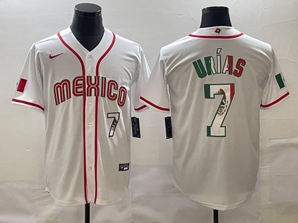 Men's Mexico Baseball #7 Julio Urias 2023 White World Baseball Classic with front number Stitched Jersey