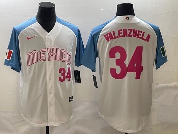 Men's Mexico Baseball #34 Fernando Valenzuela 2023 White Blue World Baseball Classic with Red Number Stitched Jersey