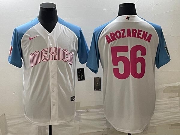 Men's Mexico Baseball #56 Randy Arozarena  2023 White Blue World Baseball Classic Stitched JerseyS