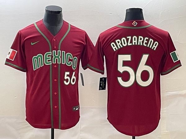 Men's Mexico Baseball #56 Randy Arozarena 2023 Red World Baseball Classic with front number Stitched Jersey