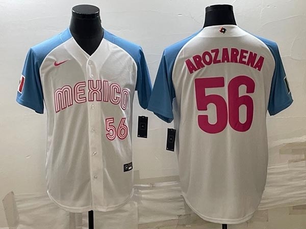 Men's Mexico Baseball #56 Randy Arozarena 2023 White Blue World Baseball Classic with Red Number Stitched Jersey