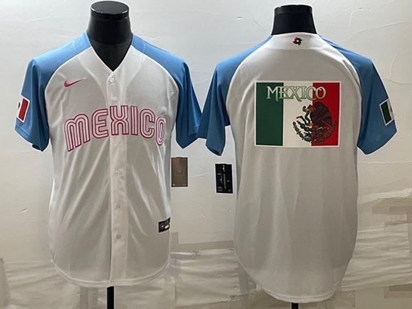 Men's Mexico Baseball 2023 White Blue World Baseball Big Logo Classic Stitched Jersey