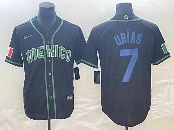 Men's Mexico Baseball #7 Julio Urias 2023 Black World Baseball Classic with blue Number Stitched Jersey