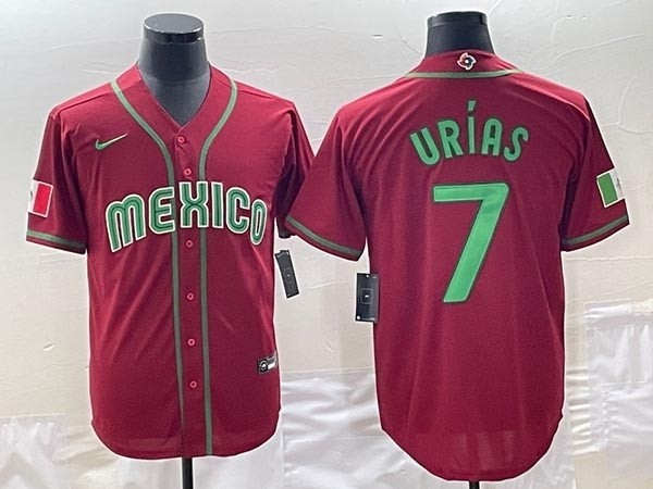 Men's Mexico Baseball #7 Julio Urias 2023 Red World Baseball Classic Stitched Jersey