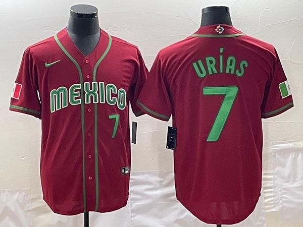 Men's Mexico Baseball #7 Julio Urias 2023 Red World Baseball Classic with front Number Stitched Jersey