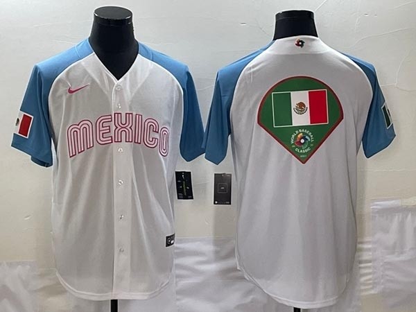 Men's Mexico Baseball 2023 White Blue World Baseball Big Fan Logo Classic Stitched Jersey