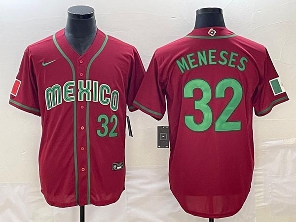 Men's Mexico Baseball #32 Joey Meneses 2023 Red World Baseball Classic with Green Number Stitched Jersey