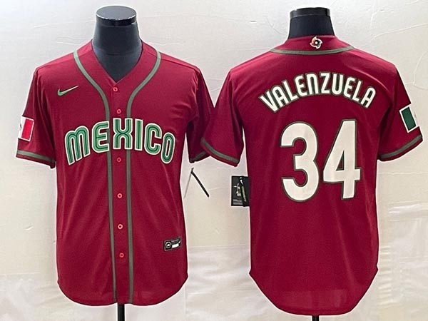 Men's Mexico Baseball #34 Fernando Valenzuela 2023 Red World Baseball Classic with White Number Stitched Jersey