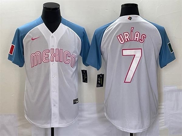 Men's Mexico Baseball #7 Julio Urias 2023 White Blue World Baseball Classic Stitched Jersey