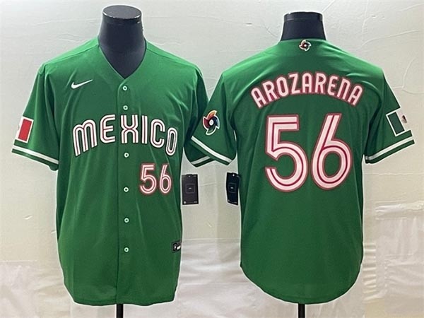 Men's Mexico Baseball #56 Randy Arozarena 2023 Green World Baseball Classic With front Number Stitched Jersey