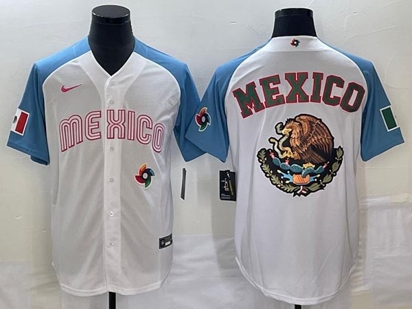 Men's Mexico Baseball 2023 White-Blue Team Big Golden Eagle Logo World Baseball Classic Stitched Jersey