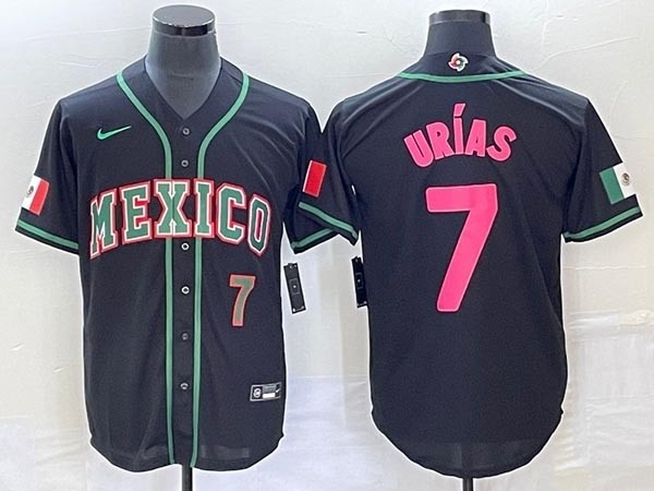 Men's Mexico Baseball #7 Julio Urias 2023 Black World Baseball With front Number Classic Stitched Jersey