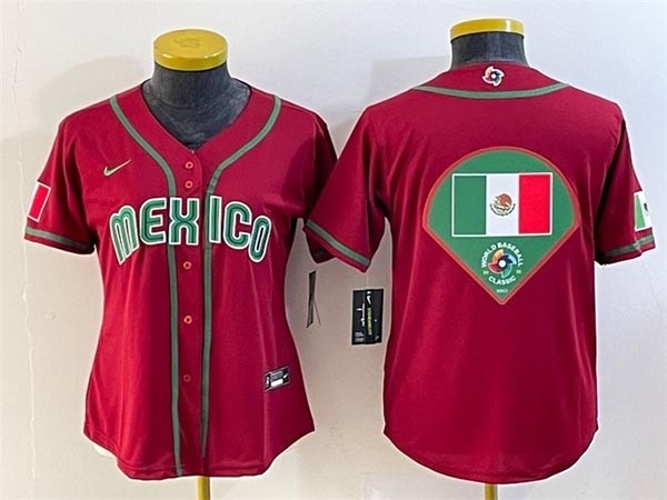 Women's Mexico Baseball 2023 Red Big Fan Logo World Baseball Classic Stitched Jersey(Run Small)