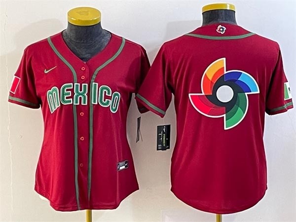 Women's Mexico Baseball 2023 Red Big Windmill Logo World Baseball Classic Stitched Jersey(Run Small)