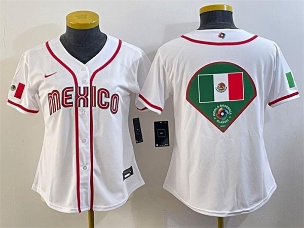 Women's Mexico Baseball 2023 White Big Fan Logo World Baseball Classic Stitched Jersey(Run Small)