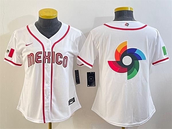 Women's Mexico Baseball 2023 White Big Windmill Logo World Baseball Classic Stitched Jersey(Run Small)