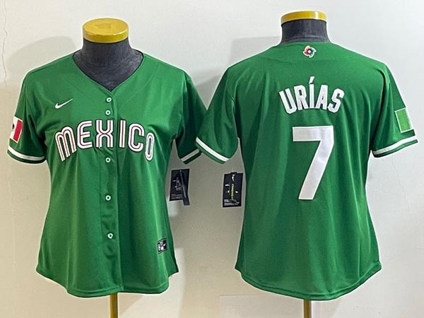 Women's Mexico Baseball #7 Julio Urias 2023 Green World Baseball Classic Stitched Jersey(Run Small)