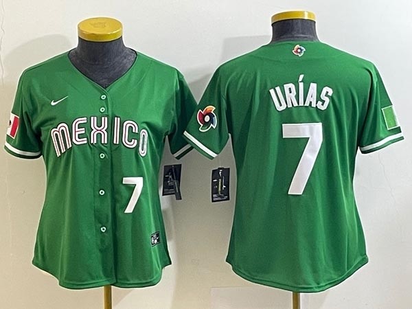 Women's Mexico Baseball #7 Julio Urias 2023 Green World Baseball Classic With front number Stitched Jersey(Run Small)