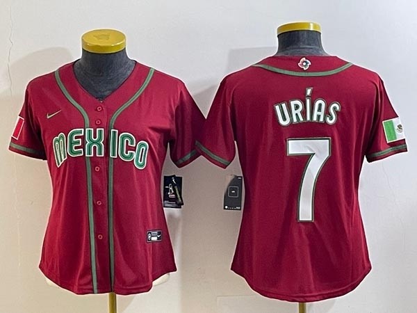 Women's Mexico Baseball #7 Julio Urias 2023 Red World Baseball Classic Stitched Jersey(Run Small)