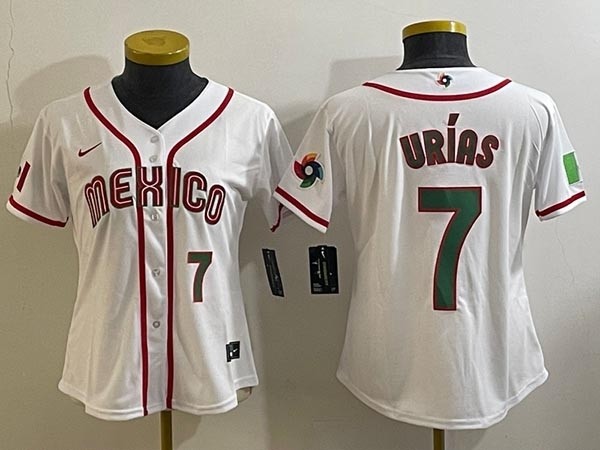 Women's Mexico Baseball #7 Julio Urias 2023 White World Baseball Classic With front number Stitched Jersey(Run Small)