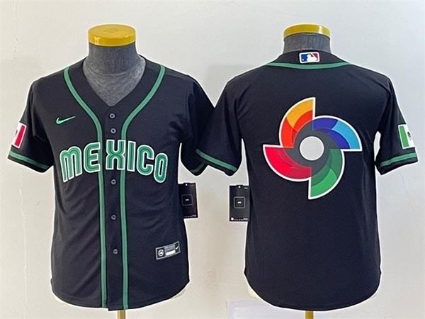 Youth Mexico Baseball 2023 Black Big Logo World Baseball Classic Stitched Jersey