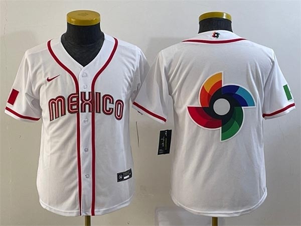 Youth Mexico Baseball Blank 2023 White World Baseball Classic with Big Logo Stitched Jersey