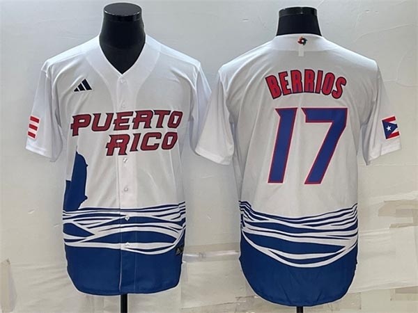 Men's Puerto Rico Baseball #17 Jose Berrios 2023 White World Baseball Classic Replica Stitched Jersey