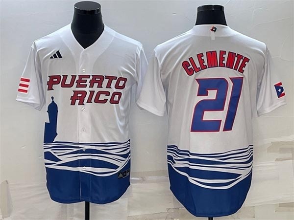 Men's Puerto Rico Baseball #21 Roberto Clemente 2023 White World Baseball Classic Stitched Jersey