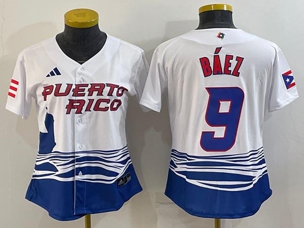 Women's Puerto Rico Baseball #9 Javier Baez 2023 White World Baseball Classic Stitched Jersey(Run Small)