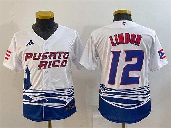 Youth Puerto Rico Baseball #12 Francisco Lindor 2023 White World Baseball Classic Replica Stitched Jersey(Run Small)