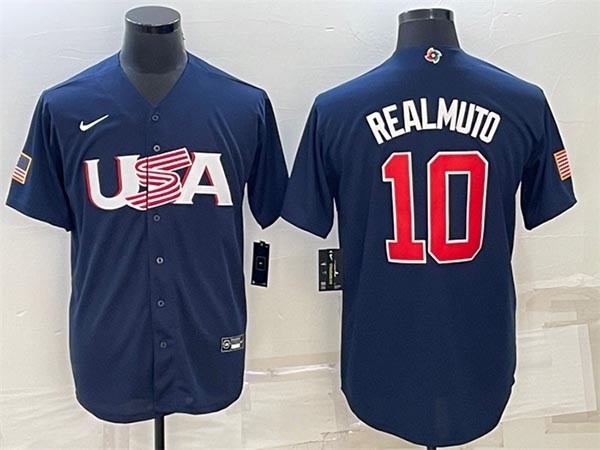 Men's USA Baseball #10 J.T. Realmuto 2023 Navy World Baseball Classic Replica Stitched Jersey