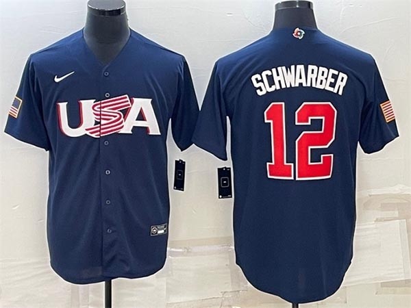 Men's USA Baseball #12 Kyle Schwarber 2023 Navy World Baseball Classic Replica Stitched Jersey