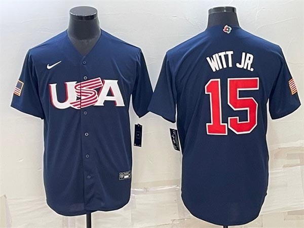 Men's USA Baseball #15 Bobby Witt Jr. 2023 Navy World Baseball Classic Replica Stitched Jersey