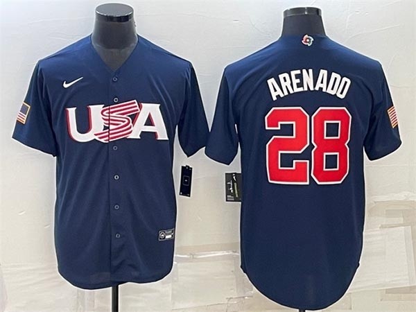 Men's USA Baseball #28 Nolan Arenado 2023 Navy World Baseball Classic Replica Stitched Jersey