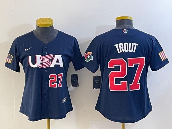 Women's USA Baseball #27 Mike Trout 2023 Navy World Baseball Classic With front number Stitched Jersey(Run Small)