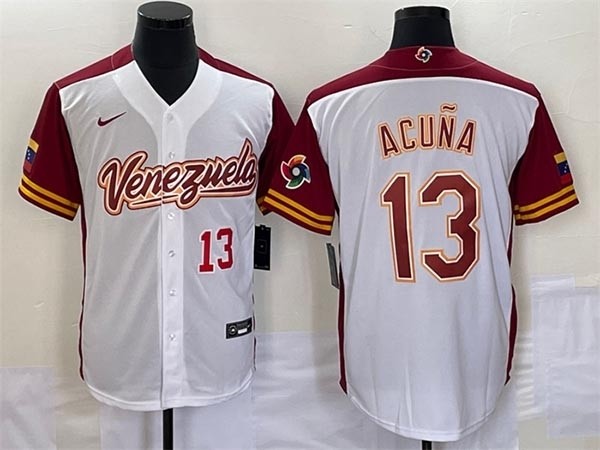 Men's Venezuela Baseball #13 Venezuela Acuna Jr. 2023 White World Baseball Classic With front Number Stitched Jersey