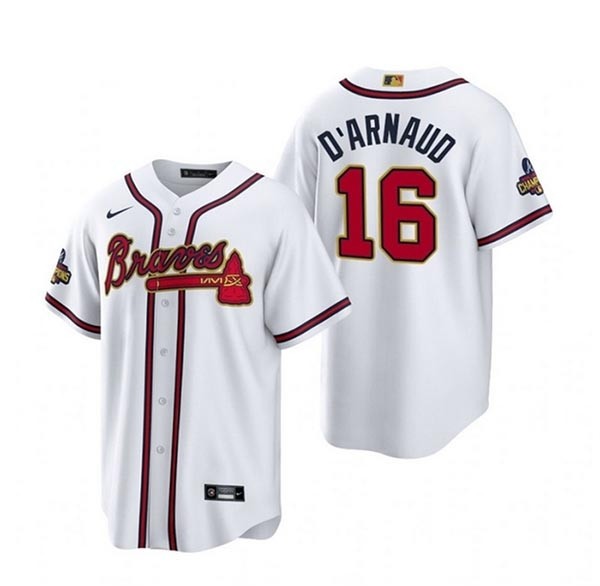 Men's Atlanta Braves #16 Travis D'Arnaud White 2022-23 Gold Cool Base Stitched Baseball Jersey